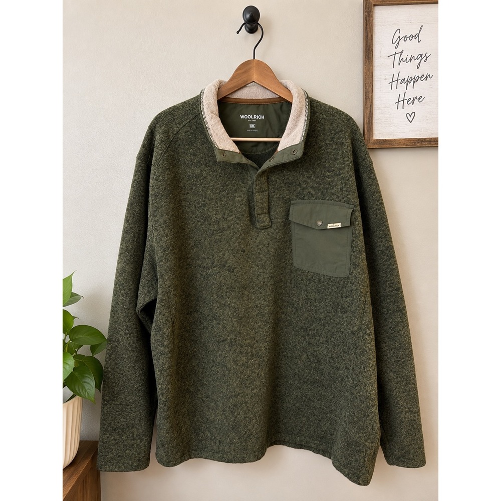 Woolrich Men's XXL Sweater Fleece Snap Pullover Olive Green Chest Pocket